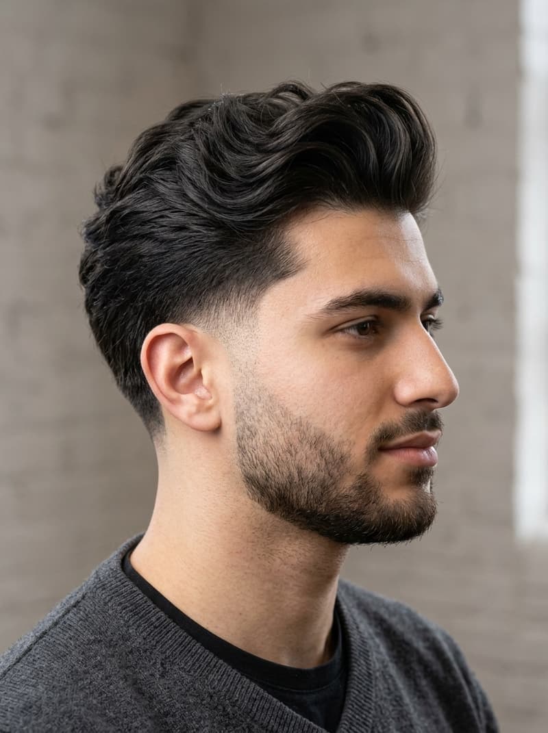 Blowout Taper haircut — Big blown-back volume dropping into a clean low taper