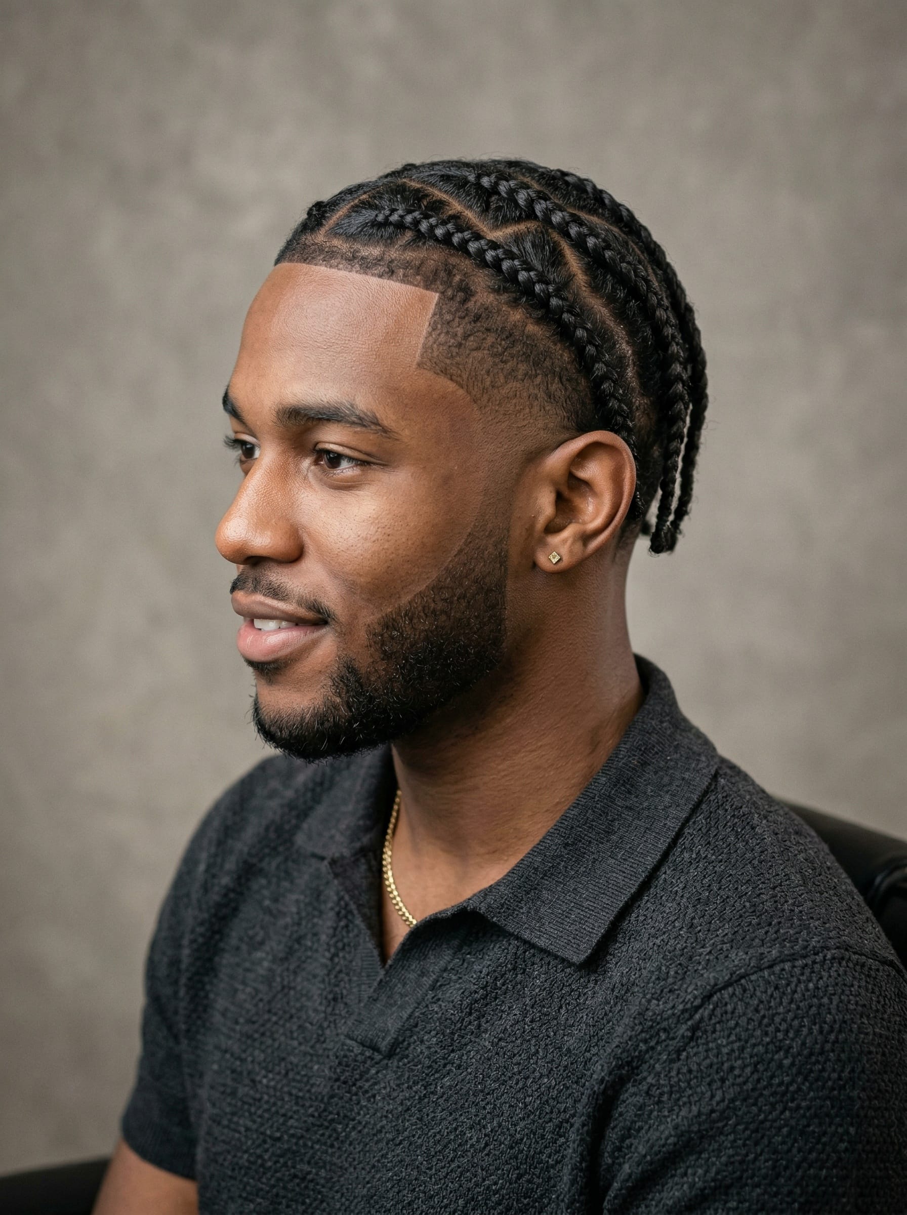 Braids or Twists / Drop Fade haircut — A combo style — protective braids or twists on top with a drop fade on the sides that curves behind the ear