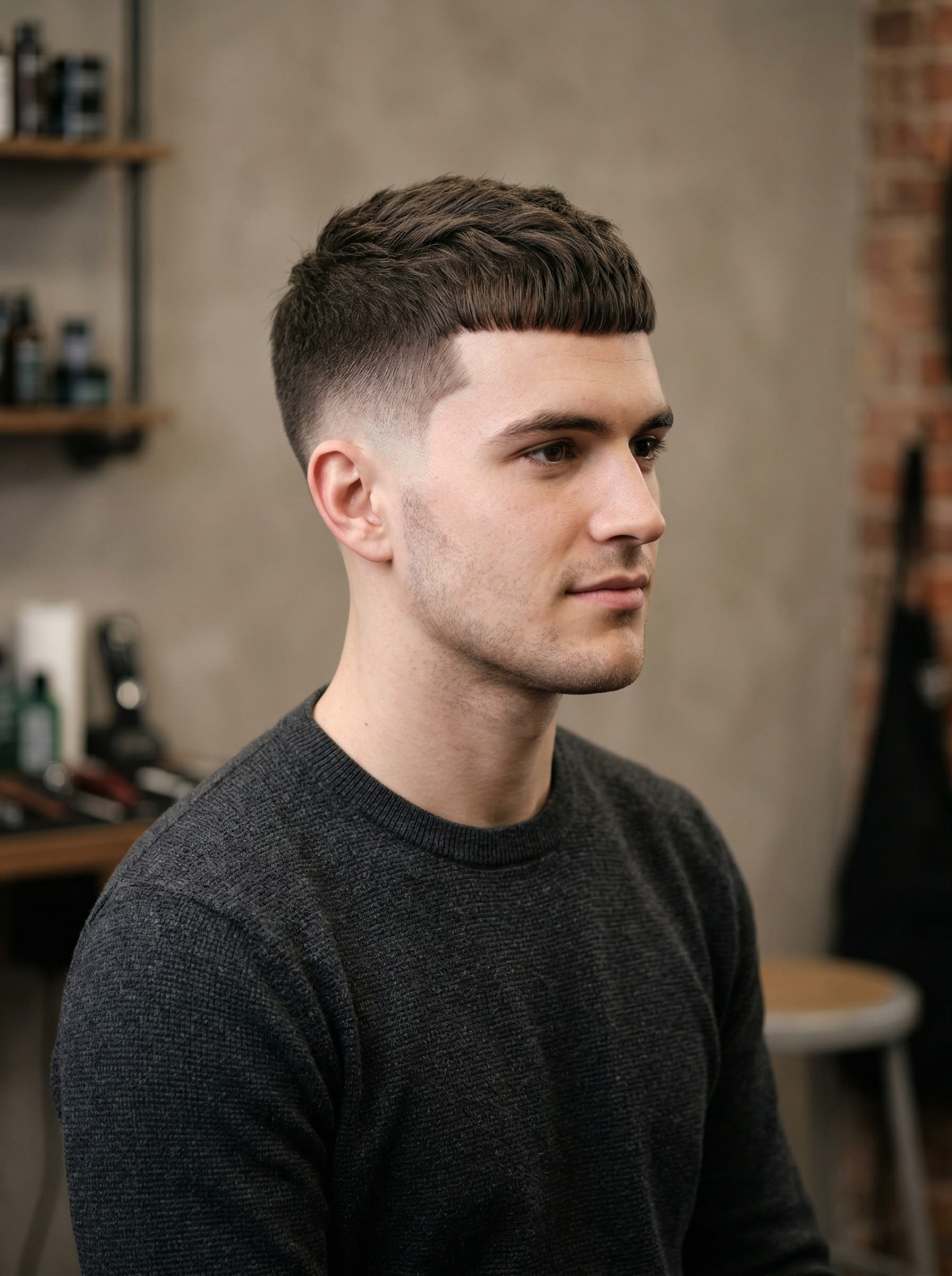 Caesar haircut — Cut short and even all over with a small straight fringe at the front