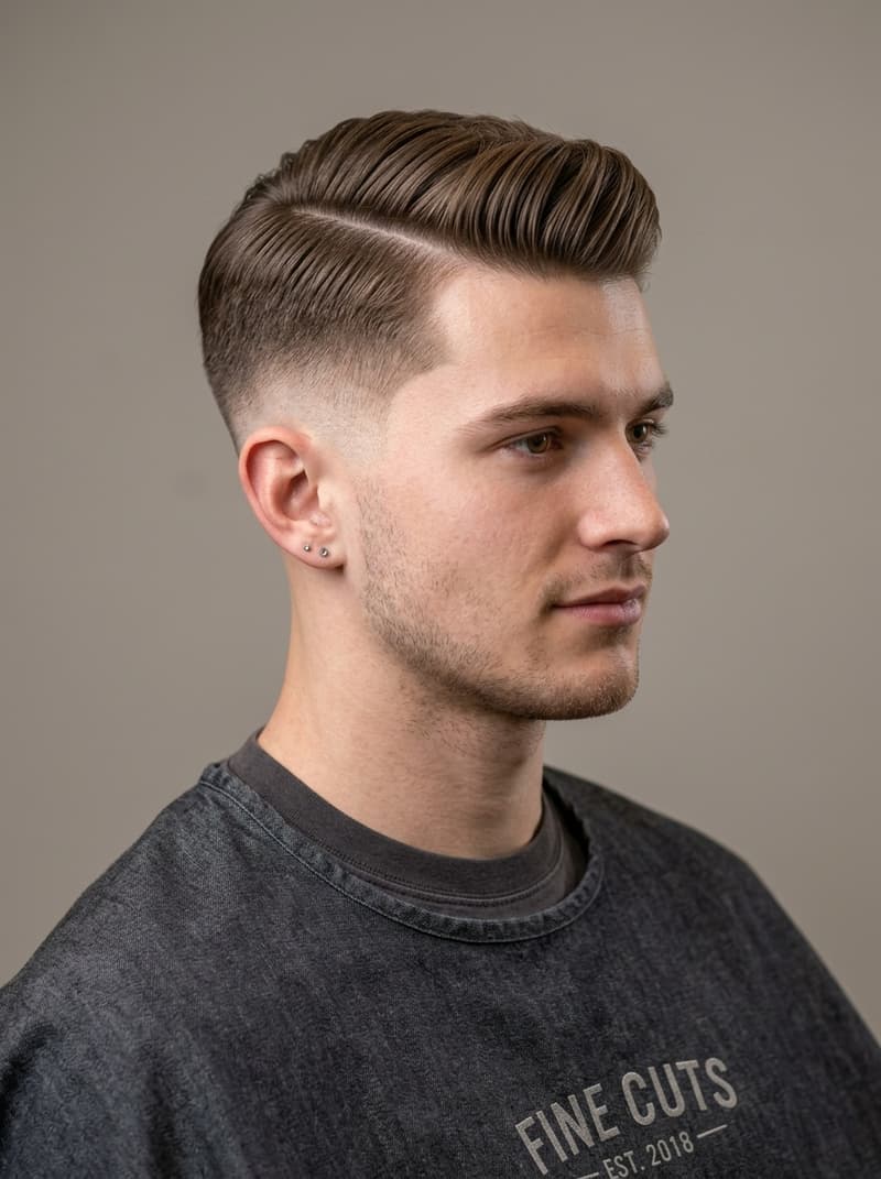 Comb Over / Low Fade haircut — Side-swept length on top, clean low fade below