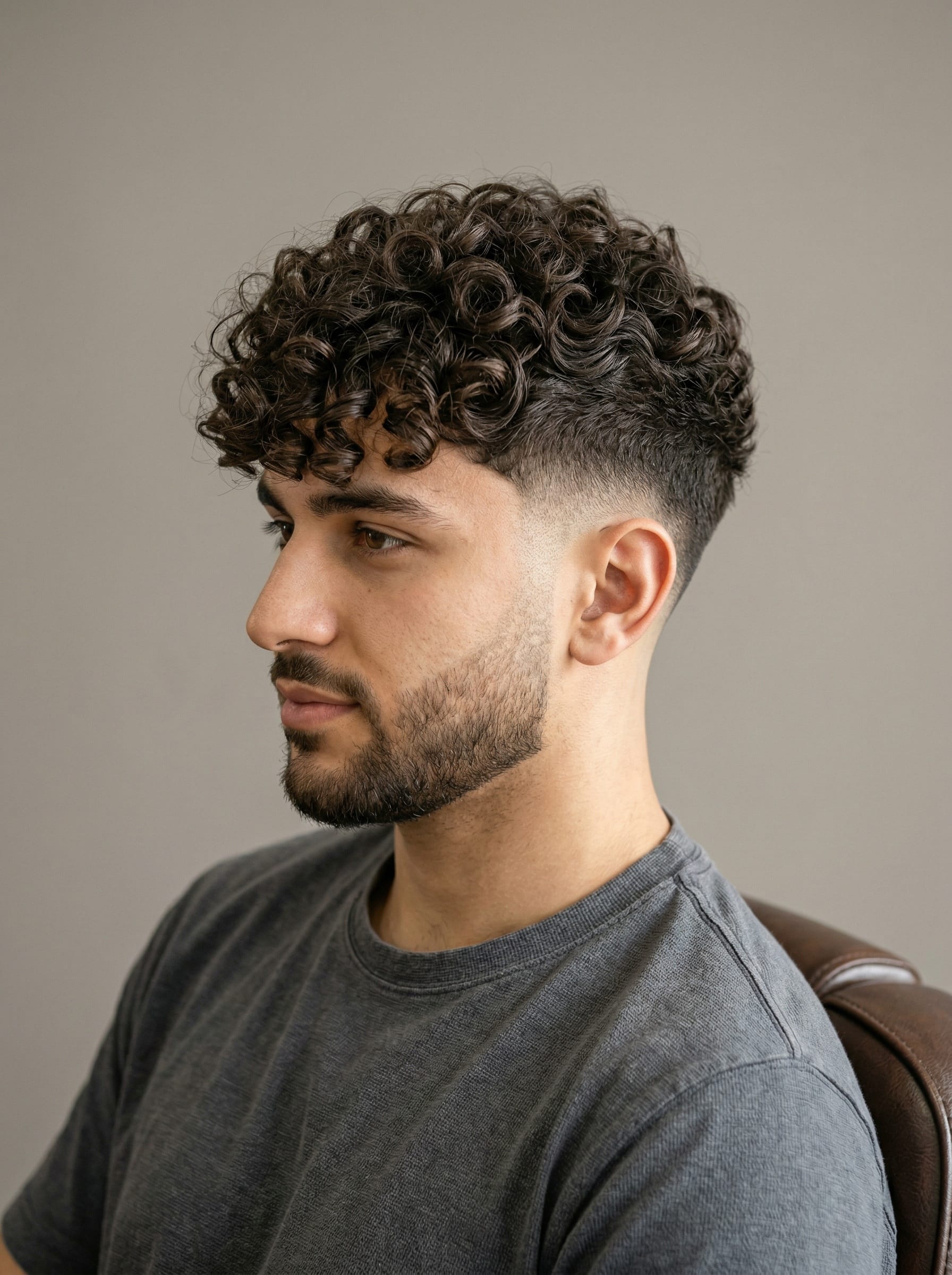 Curly Fringe / Fluffy Fringe / Taper haircut — A full, rounded mass of curly or permed texture over tight faded sides
