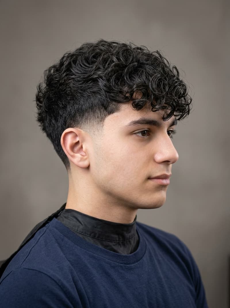 Curly Fringe / Low Taper haircut — Curls or waves left long on top and pushed forward as a fringe, with a subtle low taper keeping the sides clean