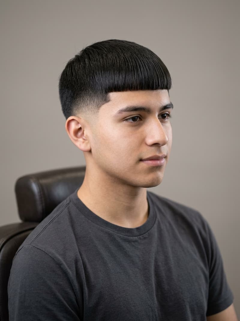 Edgar Cut haircut — A blunt, straight-line fringe over a high taper