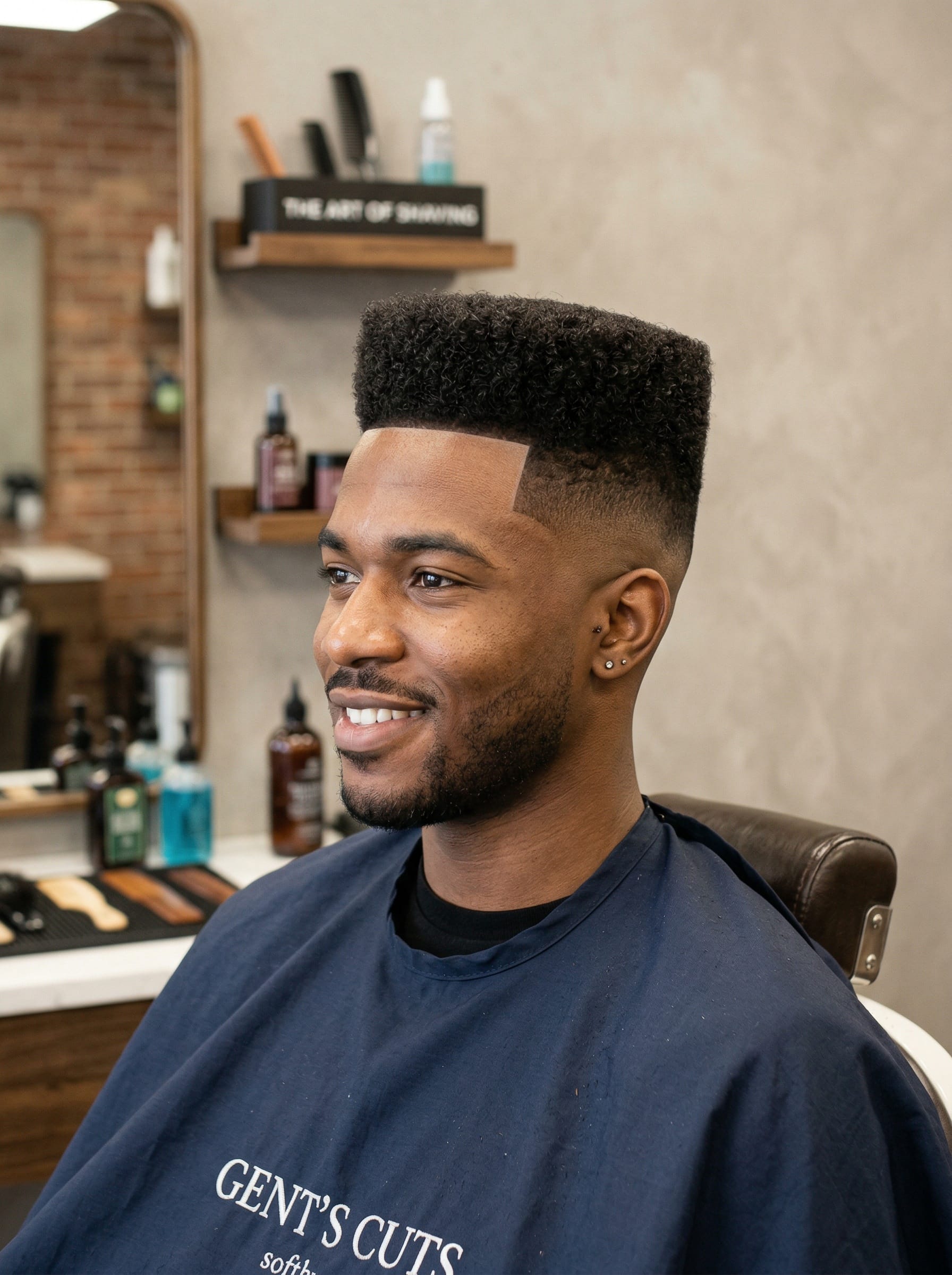 High-Top Fade haircut — Curl texture squared off flat on top, skin fade below