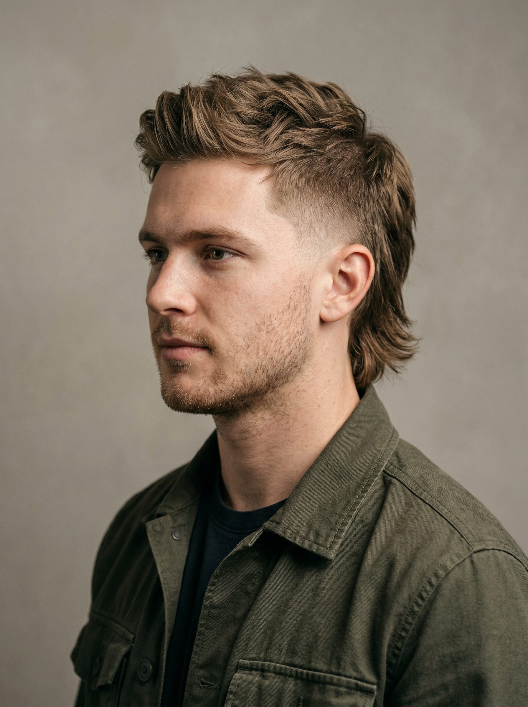 Modern Mullet haircut — Textured on top, tapered at the sides, longer in the back