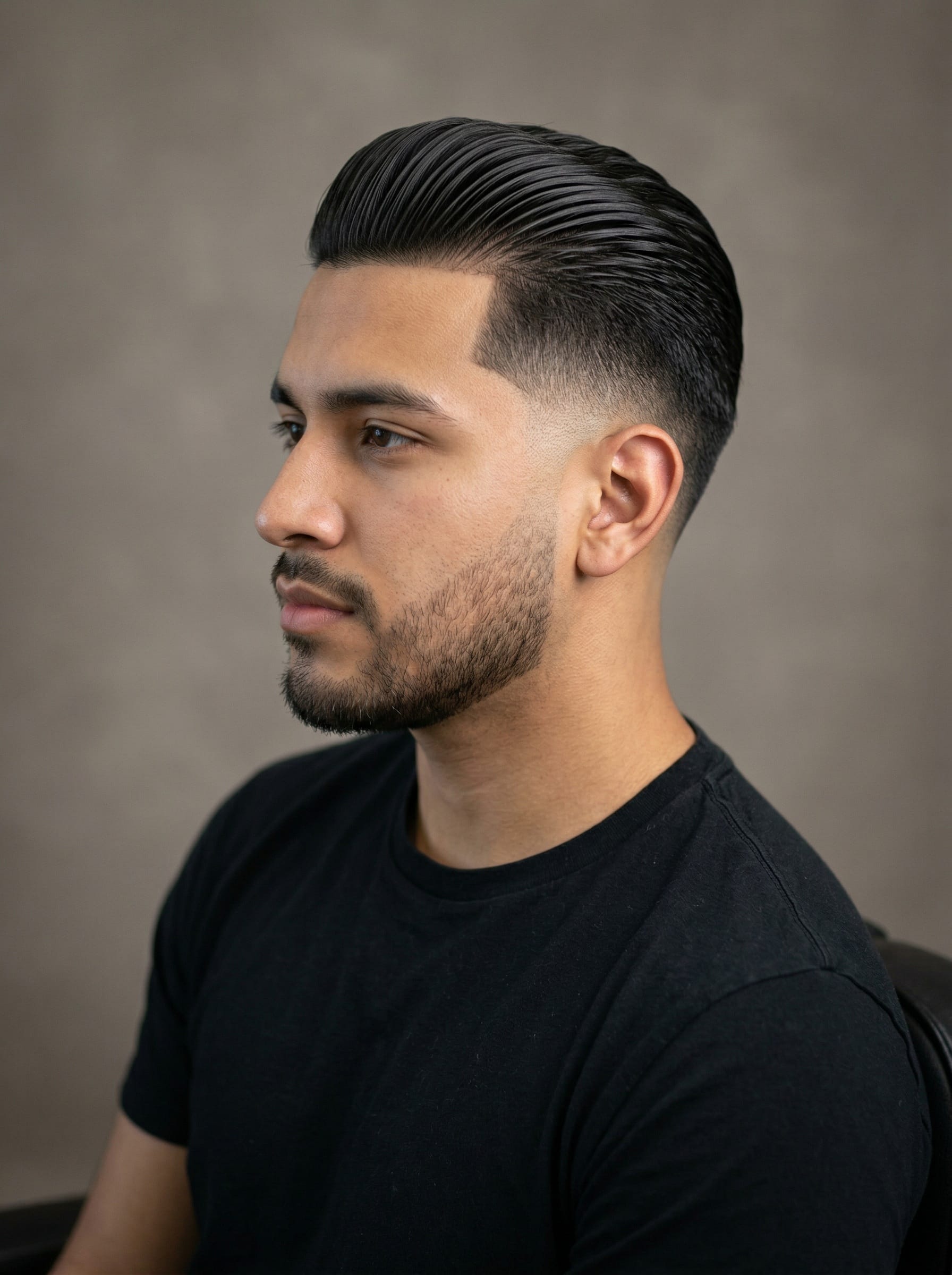 Slick Back / Mid Fade haircut — Everything combed straight back over a clean mid fade