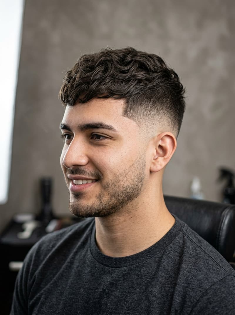 Textured Crop / High Fade haircut — The boldest version of the textured crop — same choppy scissor-cut top, but with the fade taken high for maximum contrast