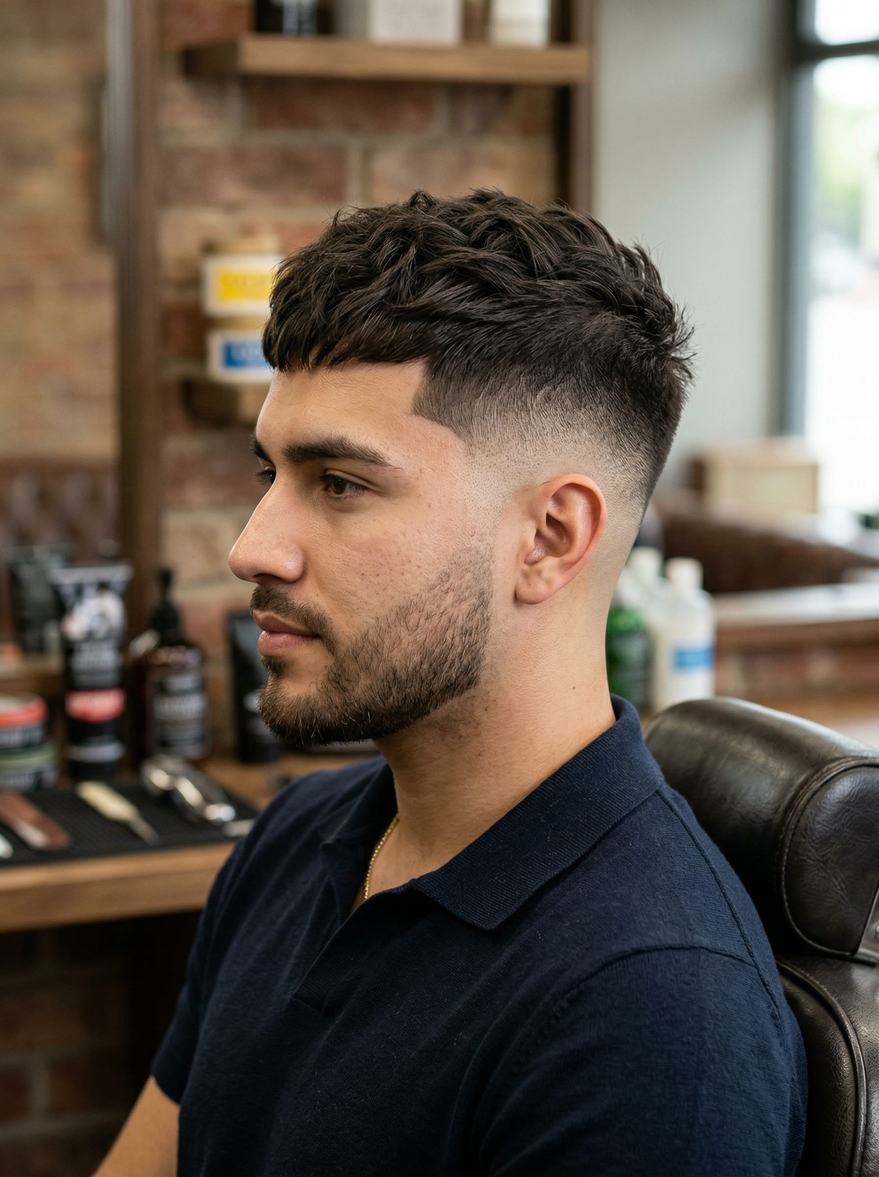 Textured Crop / Mid Fade haircut — Medium choppy layers on top with a mid fade