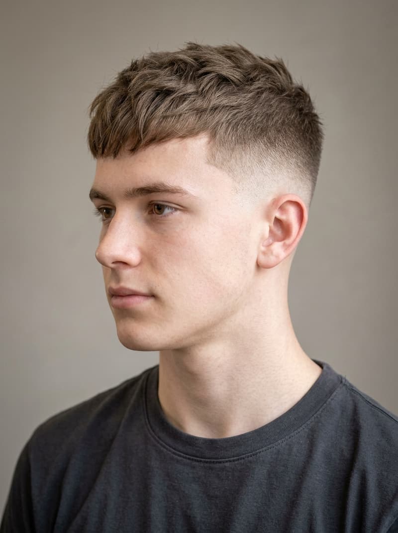 Textured Crop / Low Fade haircut — Short choppy layers on top with a clean low fade