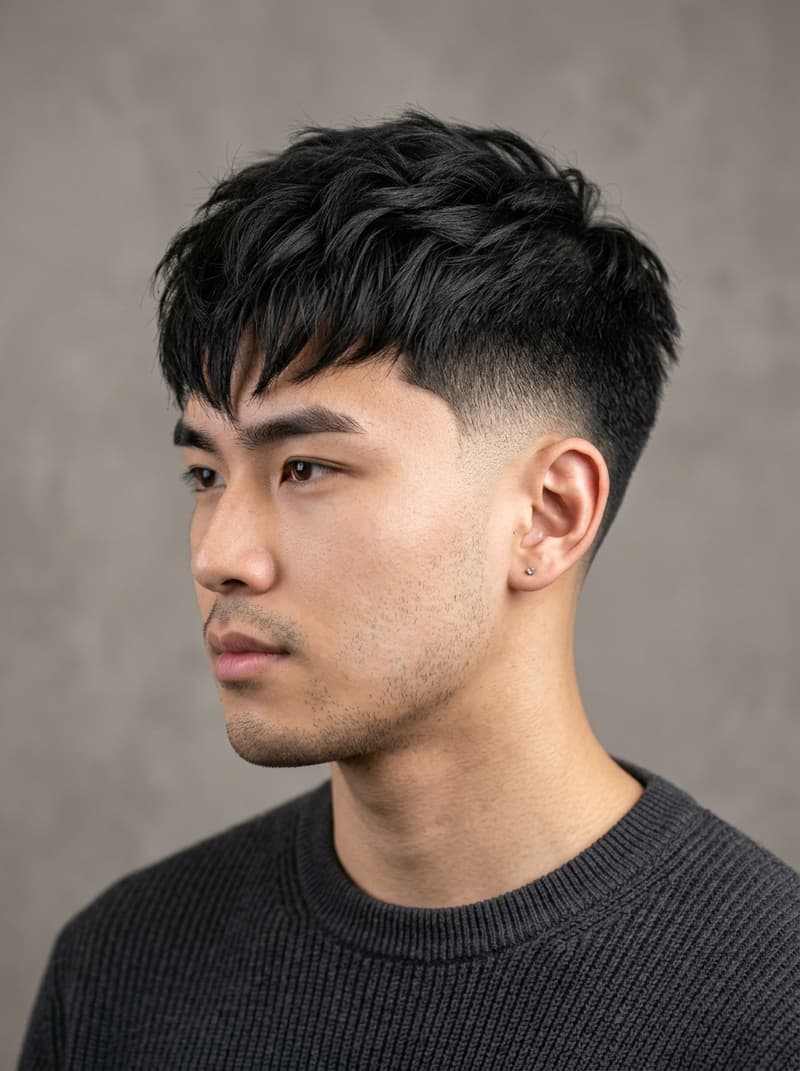 Textured Fringe / Burst Fade haircut — Choppy forward fringe up top with the fade curving around the ear in a semicircle